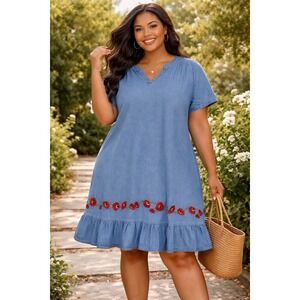 National‎ Blue Denim Poppy Embroidered Muumuu House Dress Plus 2X Cotton 21653